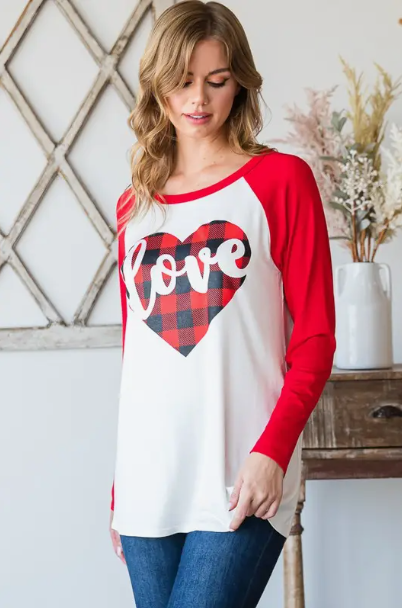 Color Block Top w/ Buffalo Plaid Heart Detail - Red
