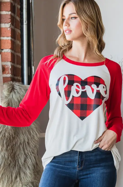 Color Block Top w/ Buffalo Plaid Heart Detail - Red