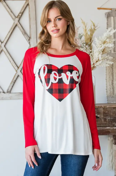 Color Block Top w/ Buffalo Plaid Heart Detail - Red