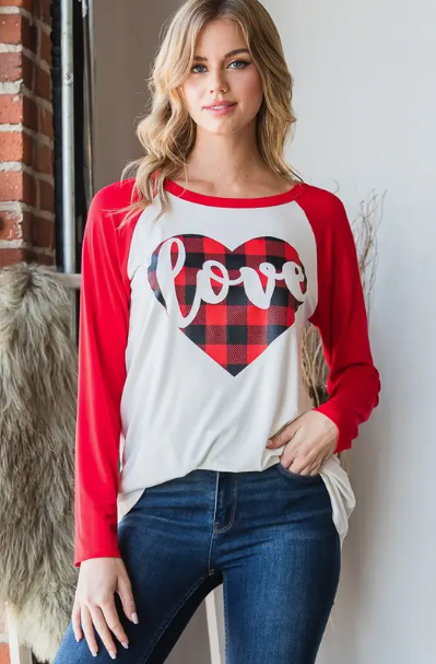 Color Block Top w/ Buffalo Plaid Heart Detail - Red