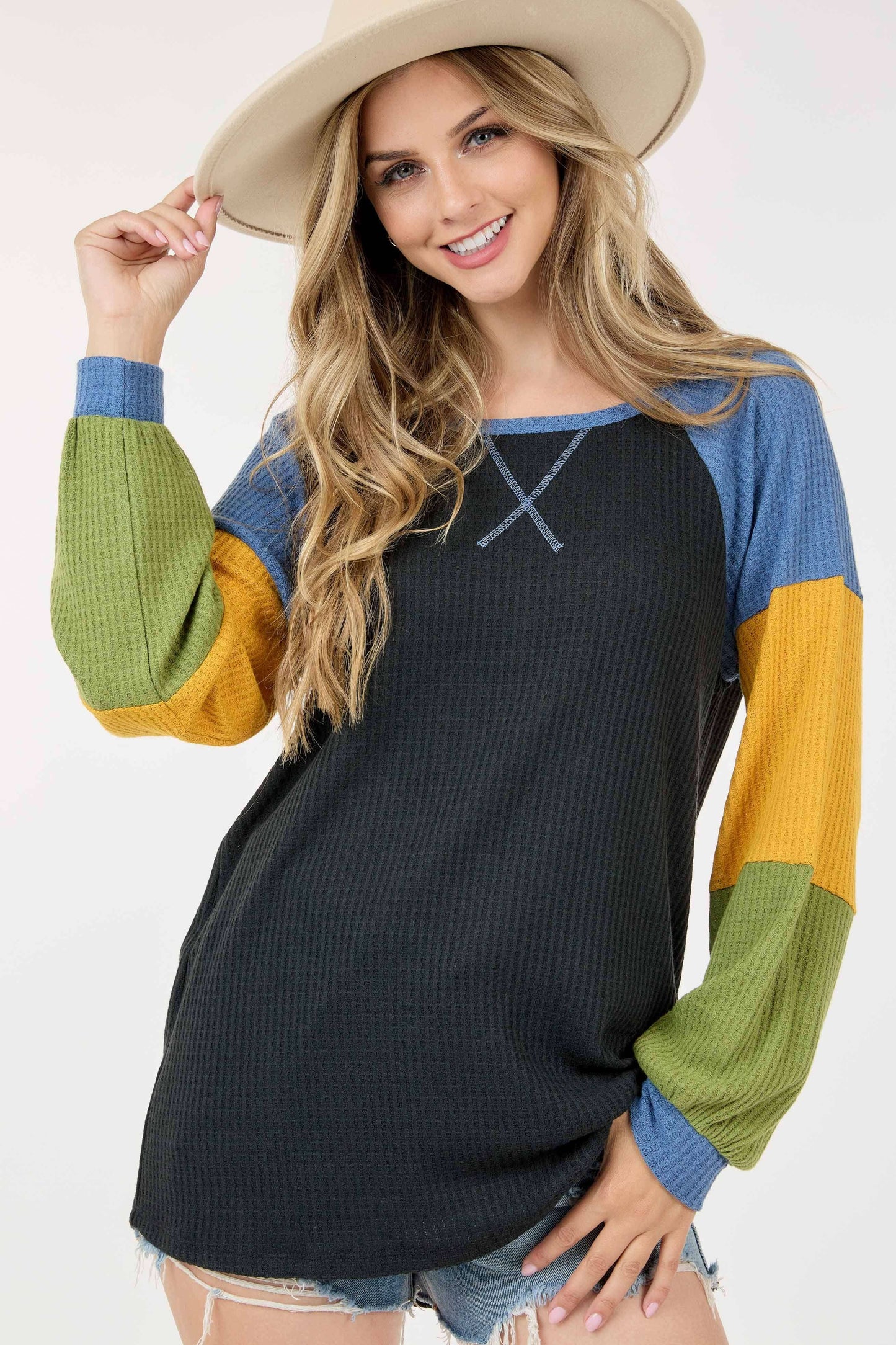 Long Sleeve Color Block Waffle Top - Last One - Size Medium