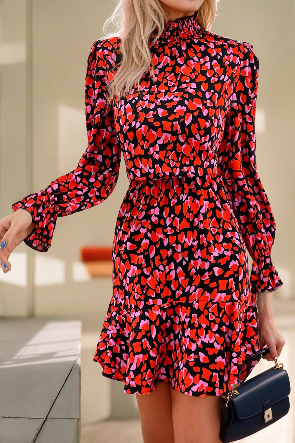Red Allover Print Flounce Sleeve Dress - Last One - Size Small