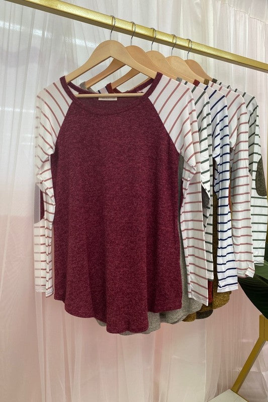 Raglan Baseball Tee w/ Striped Sleeves - Wine