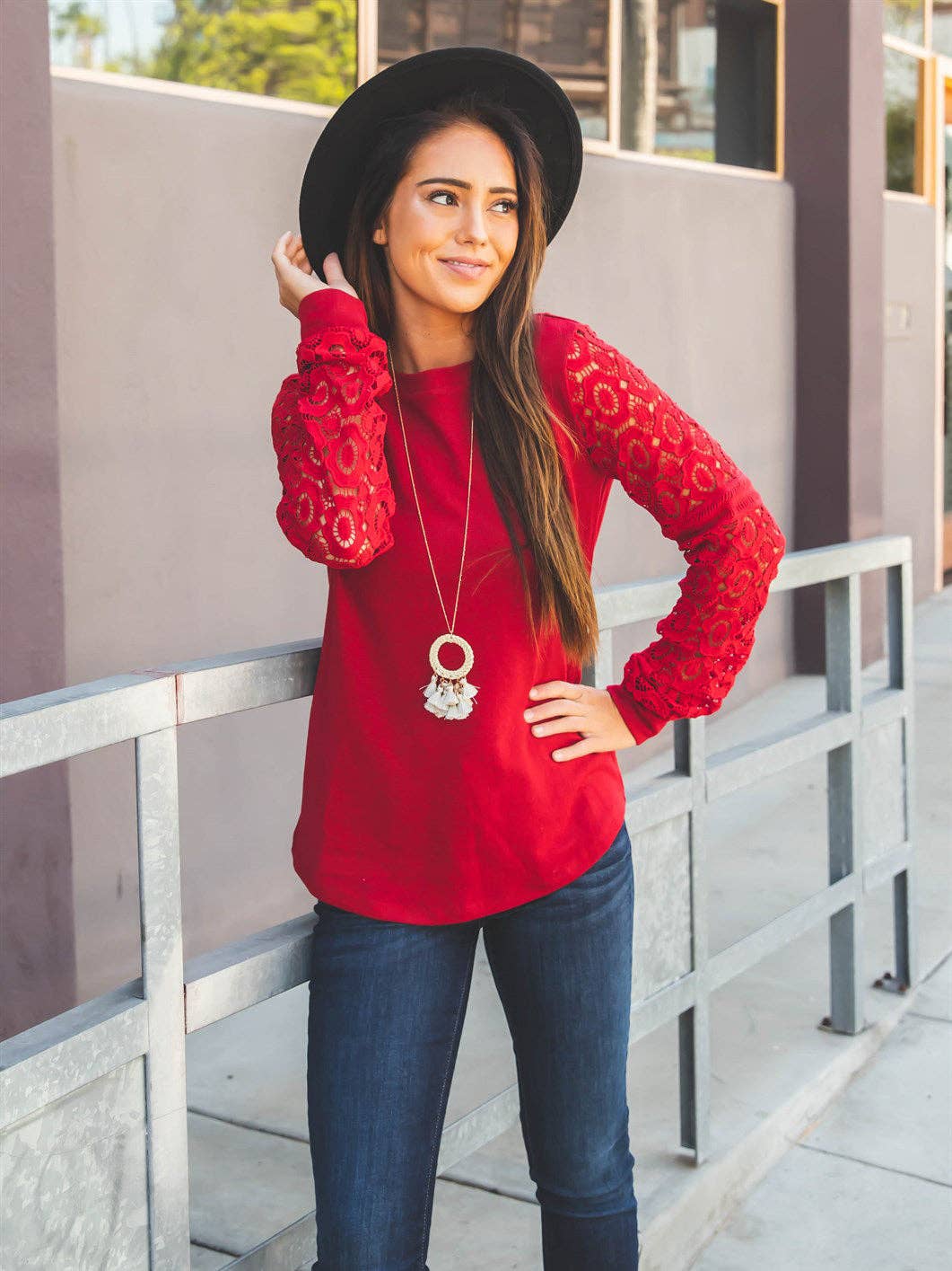 Lace Long Sleeve Skylar Top - Red