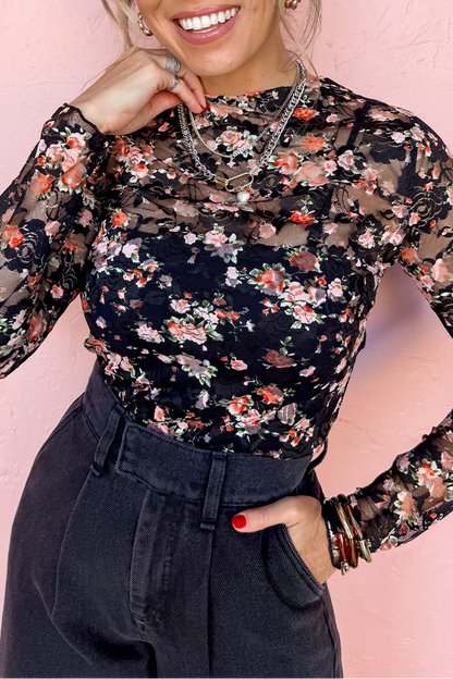 Mesh Long Sleeve Floral Top