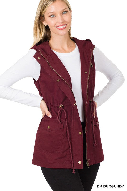 Drawstring Waist Hooded Vest - Dark Burgundy