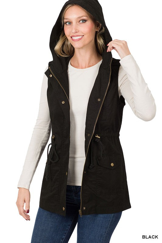 Drawstring Waist Hooded Vest - Black