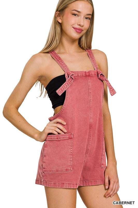 Mineral Washed Knotted Strap Romper - Cabernet