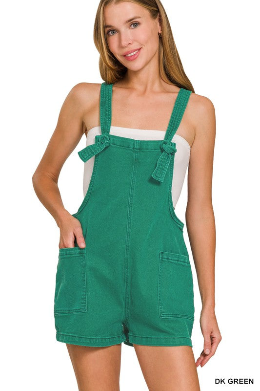 Mineral Washed Knotted Strap Romper - Dark Green