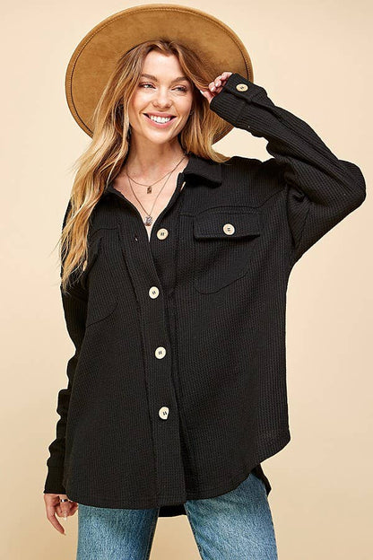 Solid Button Down Shacket - Black - Last One - Size Large