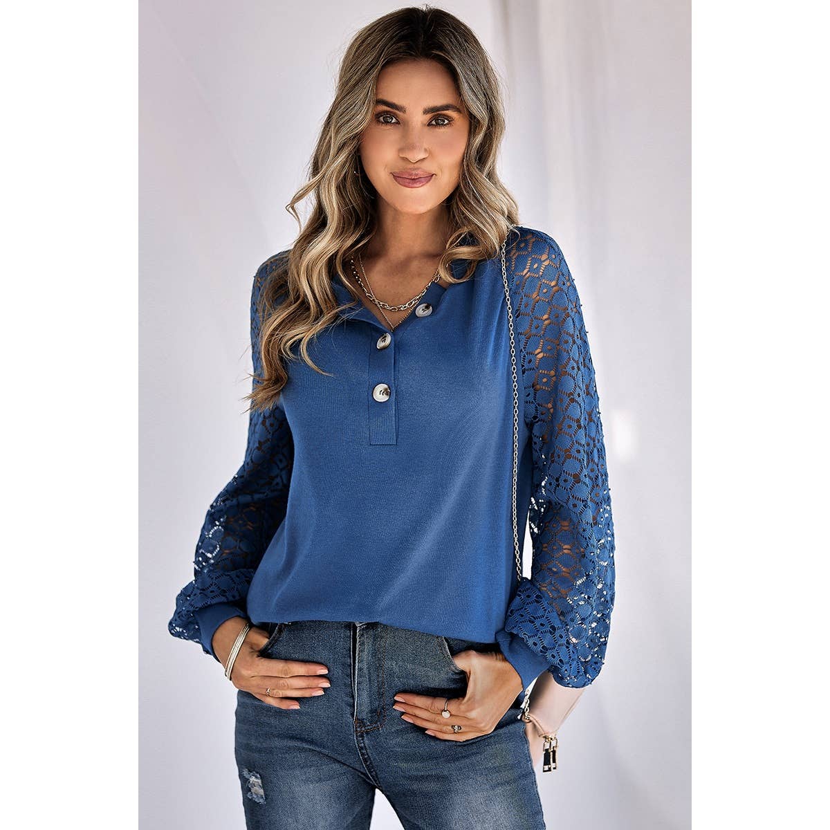 Lace Sleeve Knit Sweater - Blue