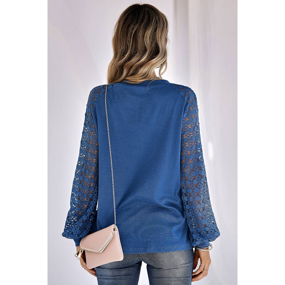 Lace Sleeve Knit Sweater - Blue