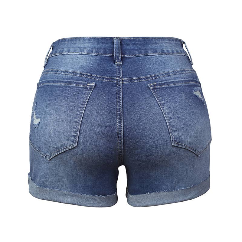 Mid-Rise Ripped Denim Shorts - Dark Blue