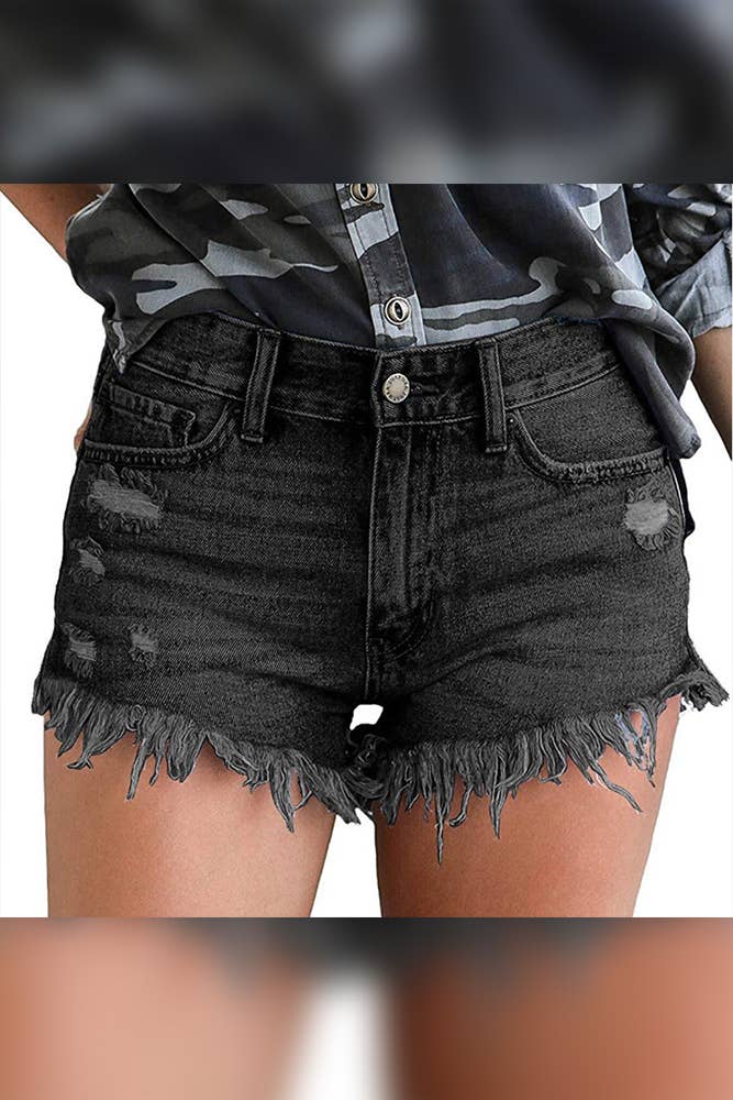 Frayed Denim Shorts - Black