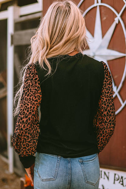 Leopard Print Ribbed Knit Blouse