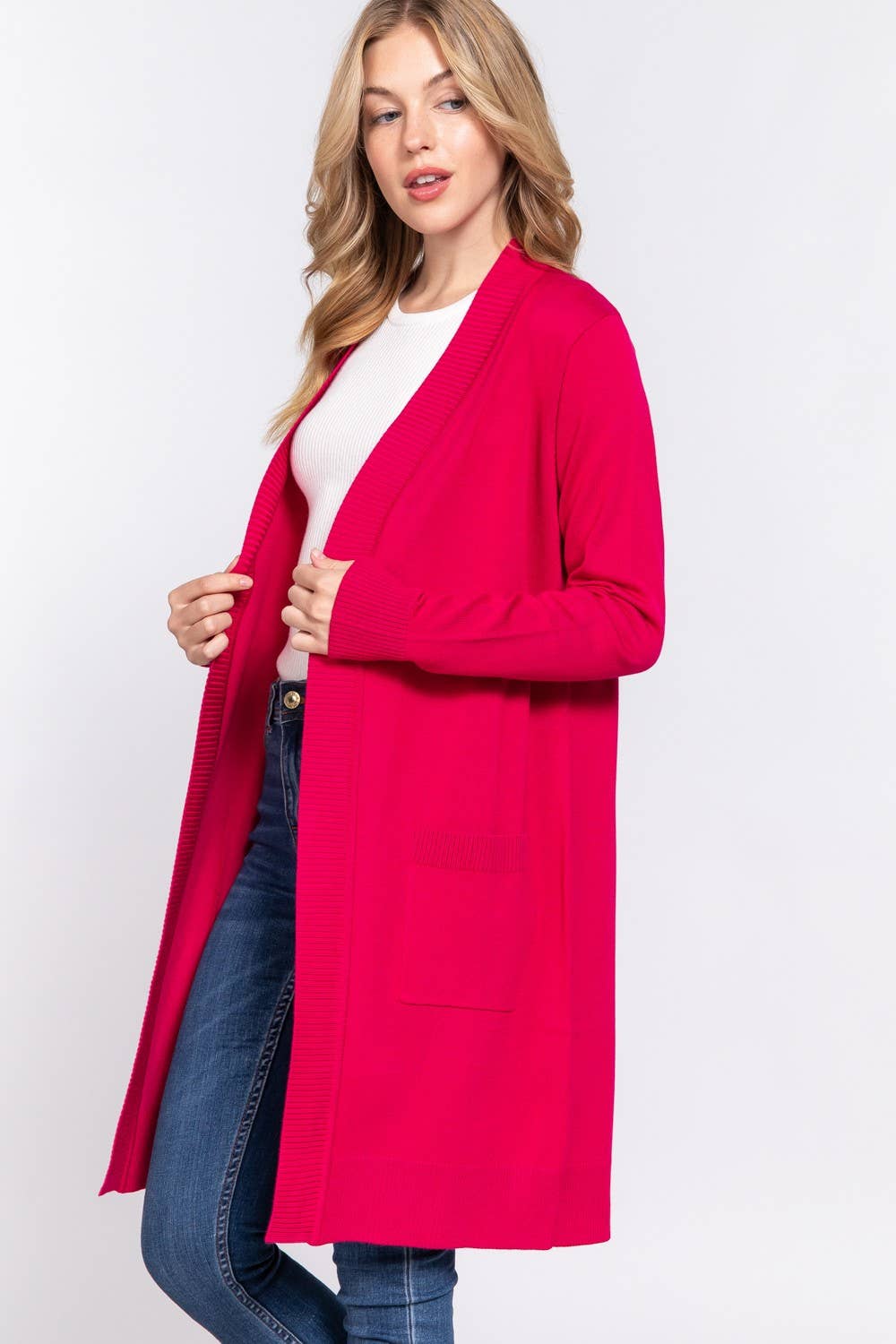 Long Sleeve Open Sweater Cardigan - Fuschia