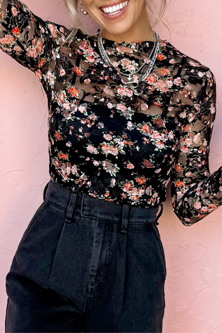 Mesh Long Sleeve Floral Top