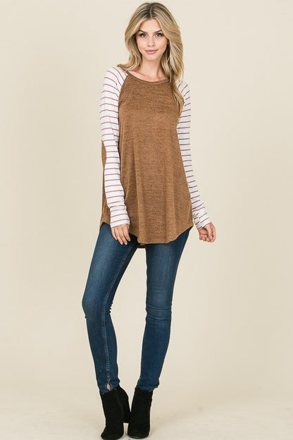 Raglan Baseball Tee w/ Striped Sleeves - Camel