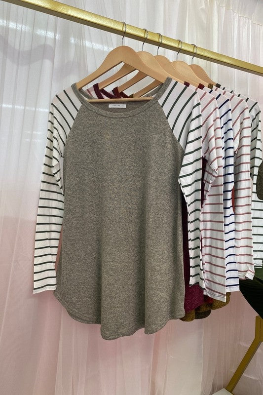 Raglan Baseball Tee w/ Striped Sleeves - Olive