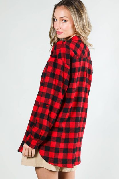 Long Sleeve Plaid Button Up - Red
