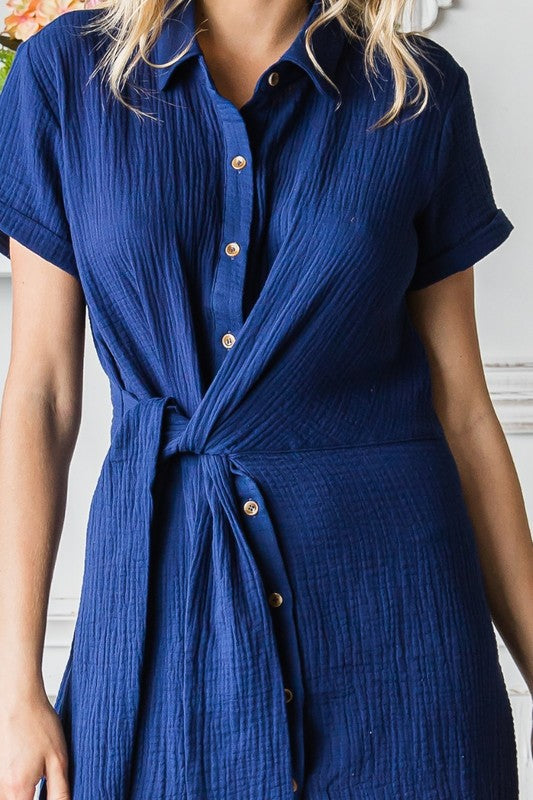 Cotton Tie Front Dress - Indigo