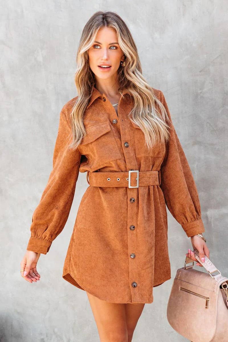 Button Down Corduroy Belted Dress - Burnt Orange