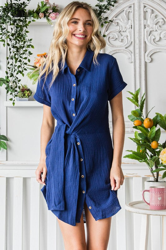 Cotton Tie Front Dress - Indigo