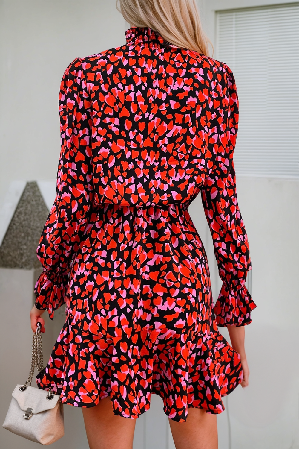 Red Allover Print Flounce Sleeve Dress