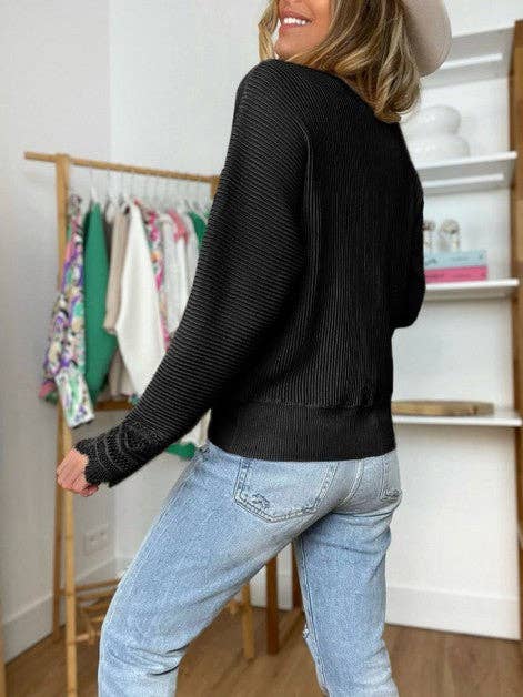 Lacy V-Neck Long Sleeve Sweater - Black