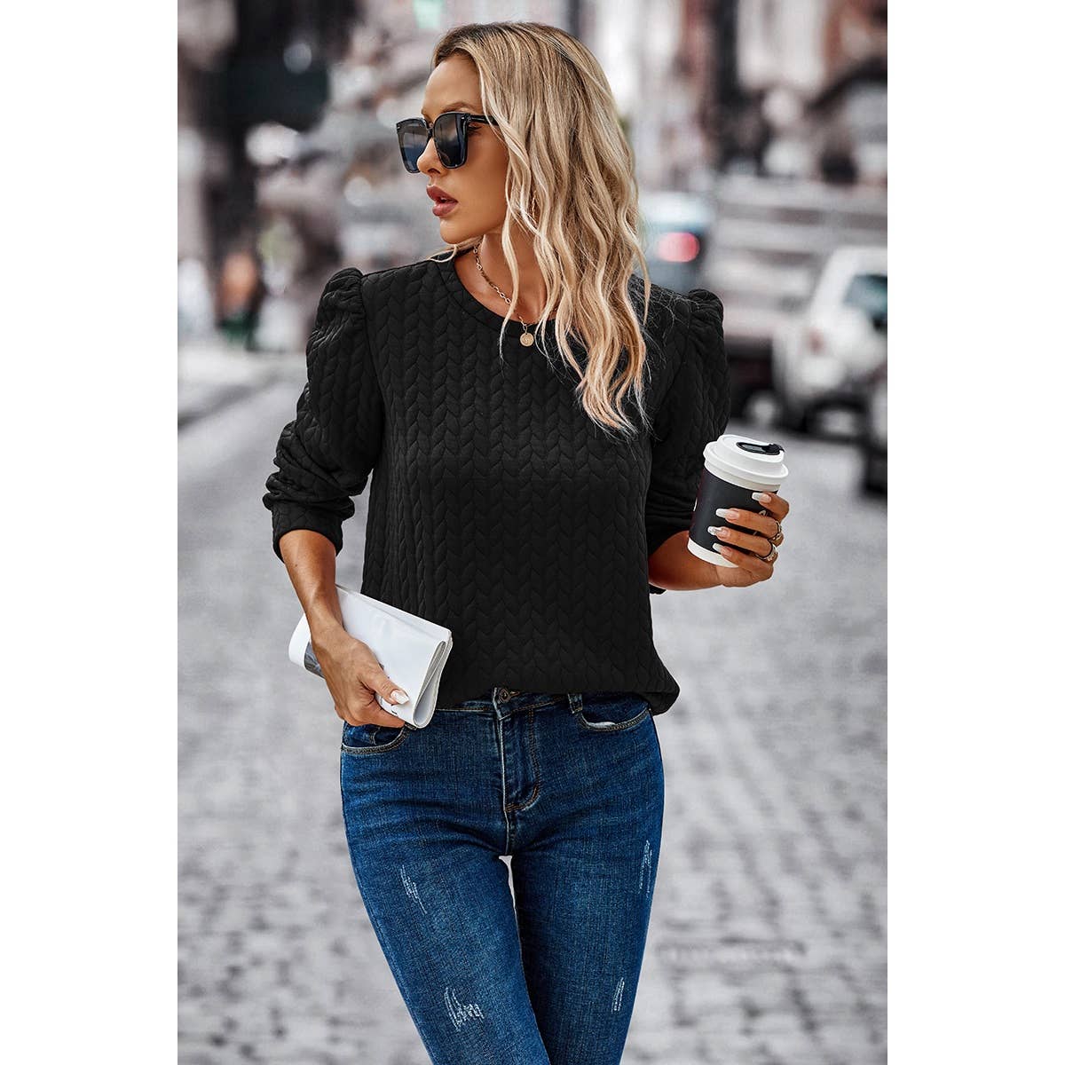 Long Sleeve Twisted Texture Sweater - Black