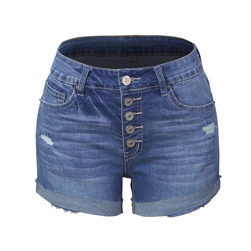 Mid-Rise Ripped Denim Shorts - Dark Blue