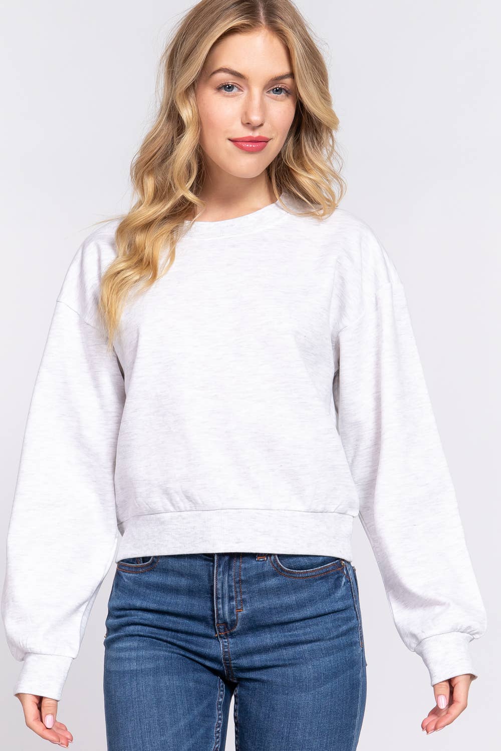 Long Sleeve Round Neck Crop Sweatshirt - Grey Marble