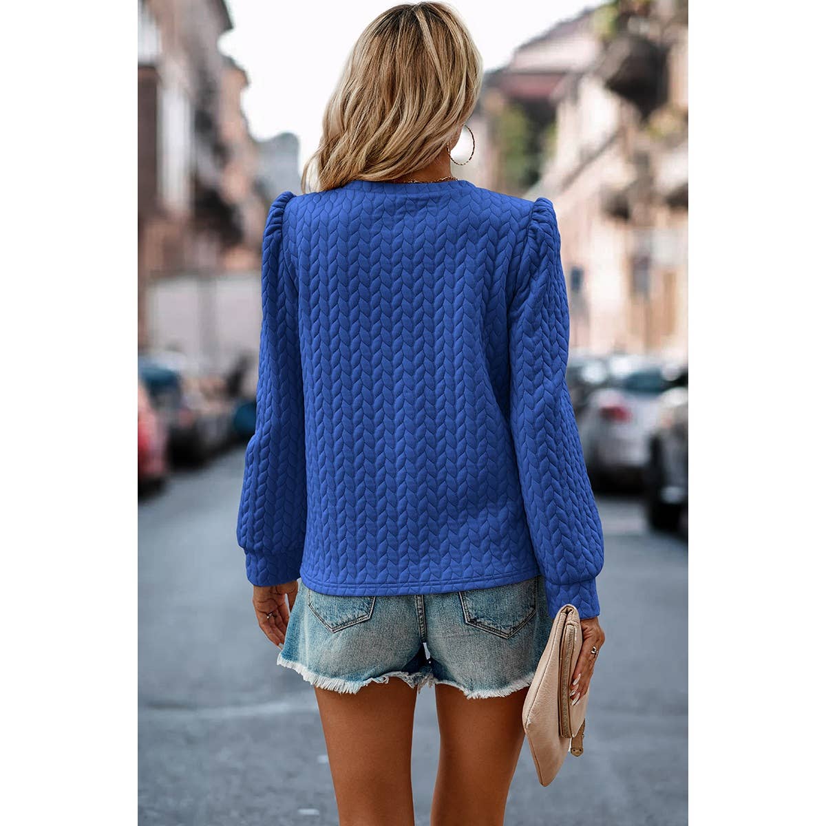 Long Sleeve Twisted Texture Sweater - Royal Blue