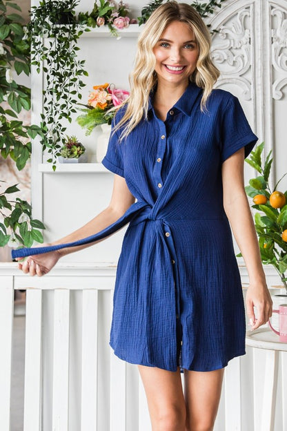 Cotton Tie Front Dress - Indigo