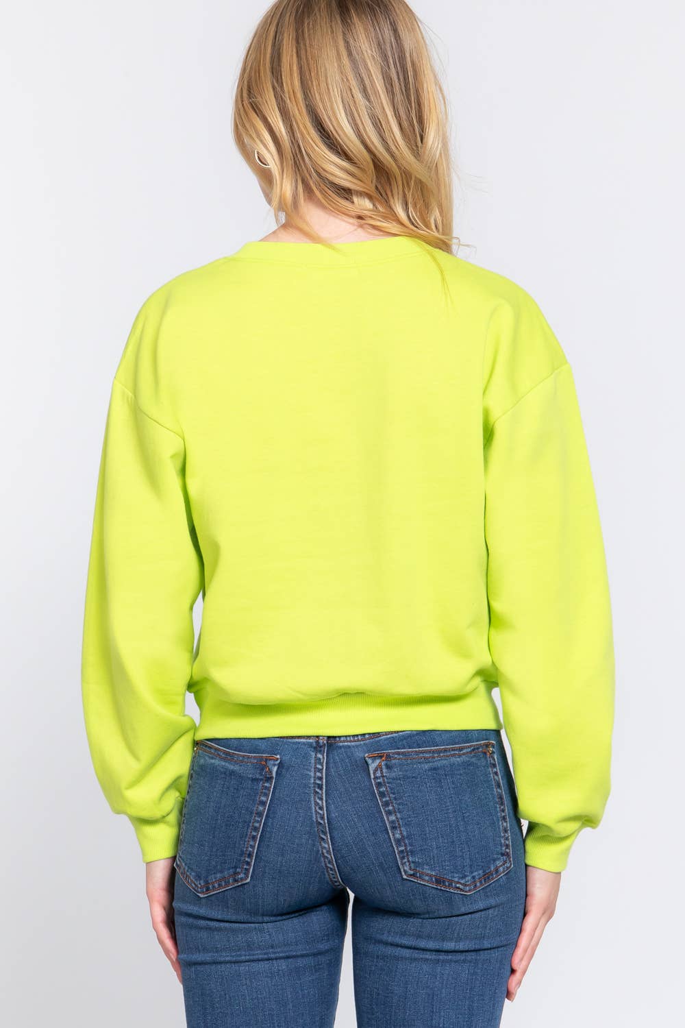 Long Sleeve Round Neck Crop Sweatshirt - Lime