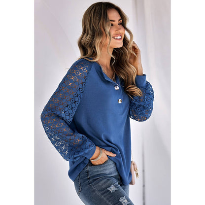 Lace Sleeve Knit Sweater - Blue