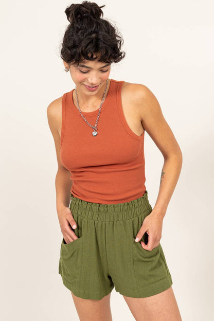 Ribbed Round Neck Tank Top - Baked Clay