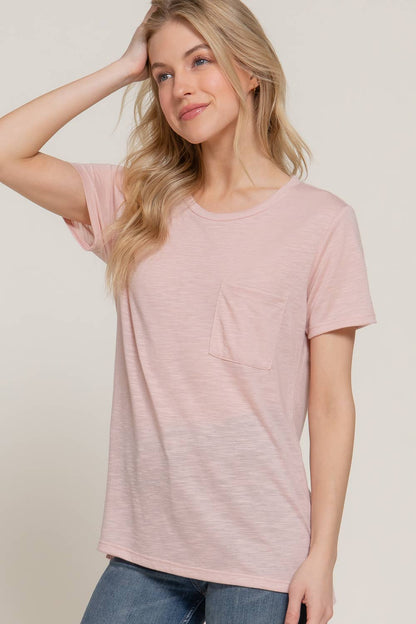 Short Sleeve Round Neck with Pocket - Pale Pink
