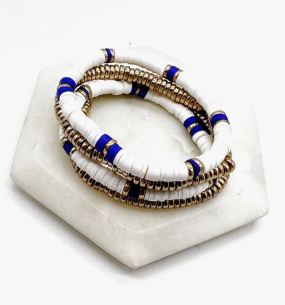 Blue White Gold Heishi Bead Bracelet Stack Set
