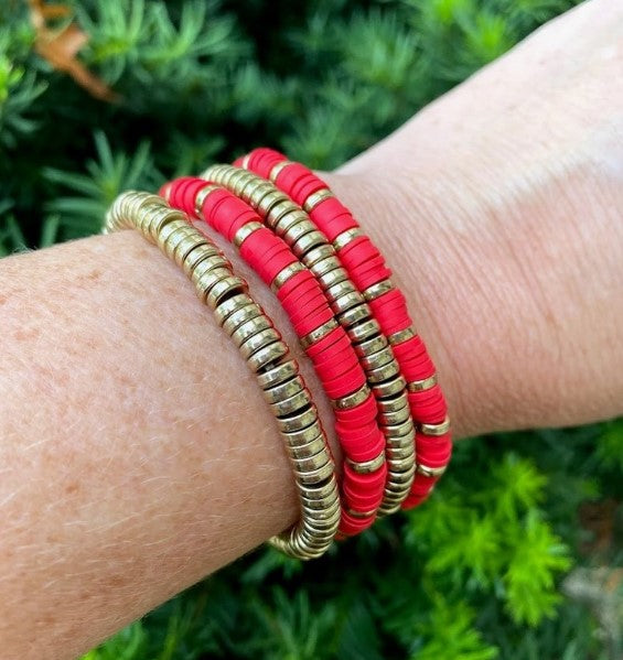 Red and Gold Heishi Bead Bracelet Stack Set