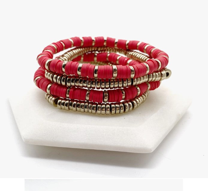 Red and Gold Heishi Bead Bracelet Stack Set