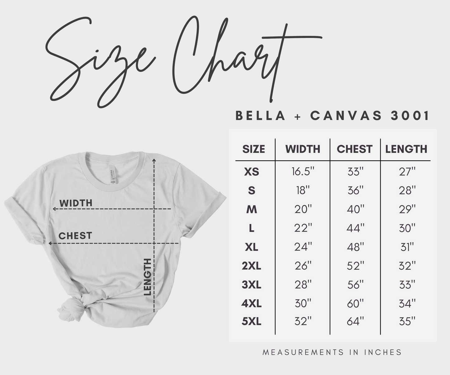 Bella Canvas 3001 - Short Sleeve Tee - Unisex Fit - Sizing Chart