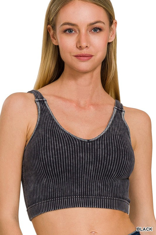 Mineral Washed Cropped V-Neck Tank - Black