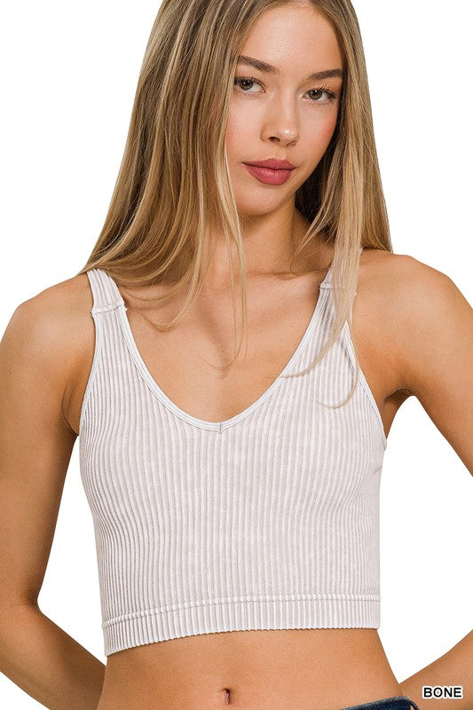 Mineral Washed Cropped V-Neck Tank - Bone