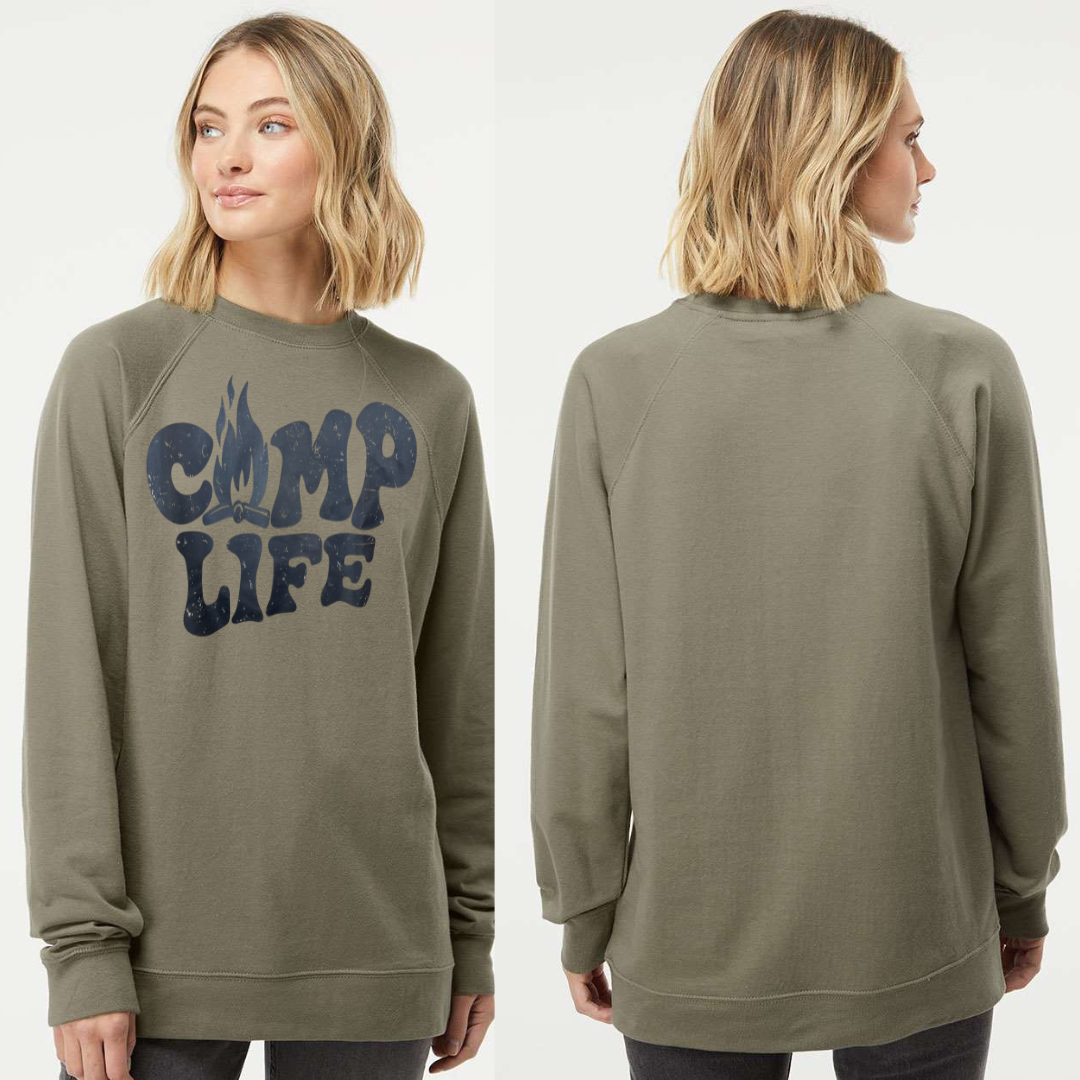 Independent Trading Co - Camp Life - Long Sleeve Graphic Crewneck - Unisex Fit - Olive
