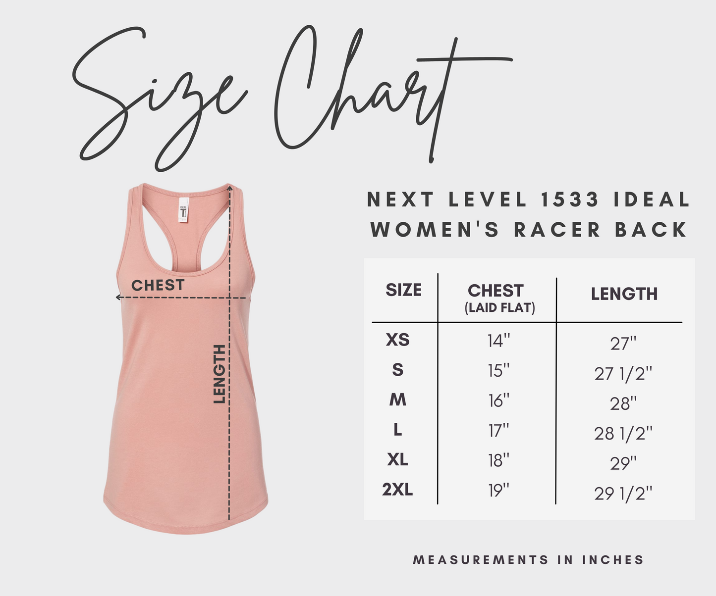 Next Level Racer Back Tank - Women's Cut - Sizing Chart