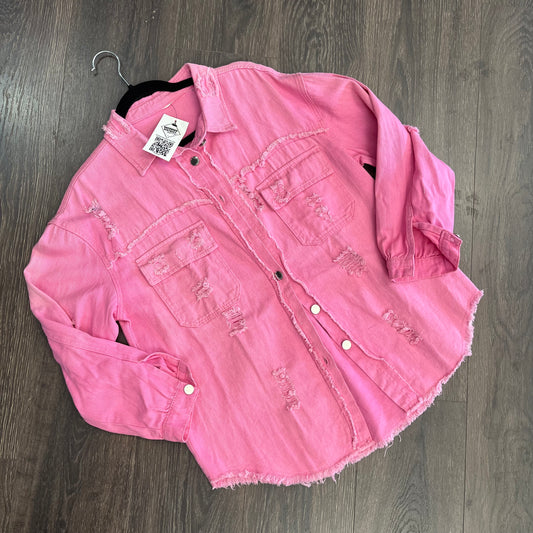 Ripped Fringe Jean Jacket - Pink