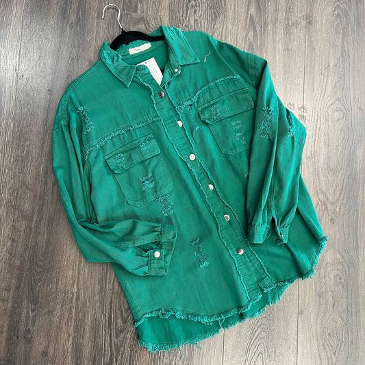 Ripped Fringe Jean Jacket - Green