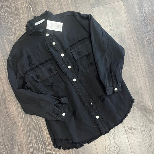 Ripped Fringe Jean Jacket - Black