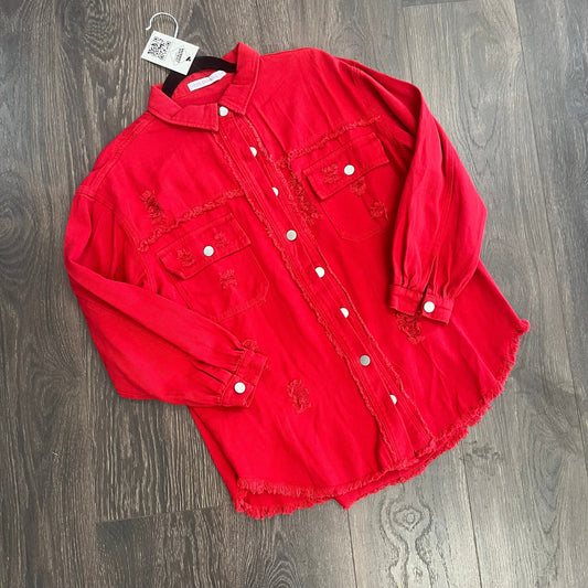 Ripped Fringe Jean Jacket - Red